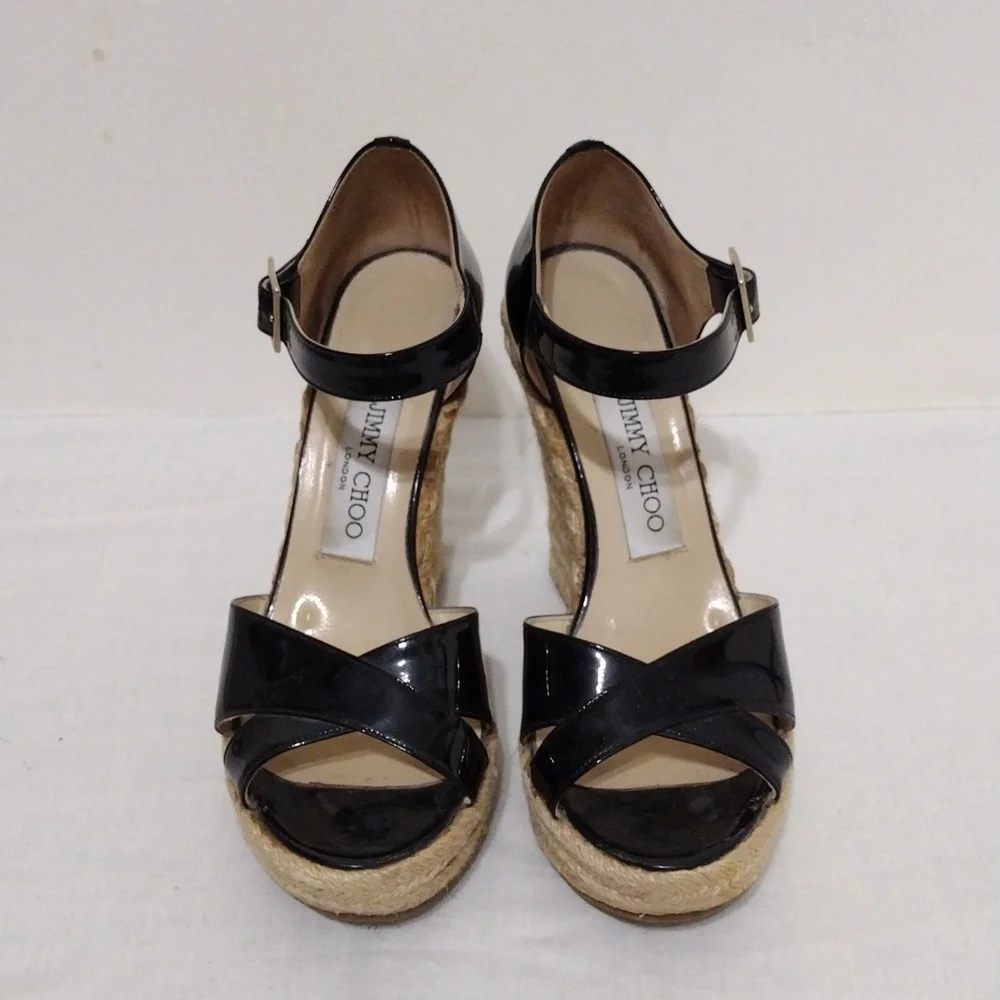 Jimmy Choo Designer Paisley Patent Leather Wedge Sandals Ankle Strap US 6 Chic